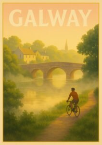 Vintage-style illustration of Galway, Ireland, showing a cyclist riding along a riverside path at sunrise with a stone bridge, misty water, and village houses in the background.