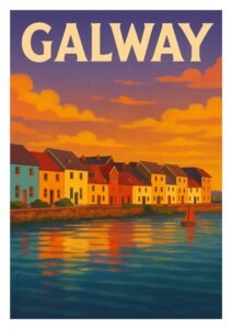 Vintage-style illustration of Galway, Ireland featuring colorful waterfront houses reflecting on the harbor at sunset with a small red sailboat on the water.