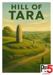 Vintage-style illustration of the Hill of Tara in Ireland, featuring the iconic Lia Fáil standing stone on a grassy hilltop with visitors walking along winding paths.