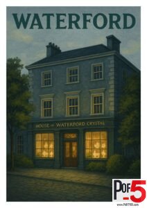 Vintage-style illustration of the House of Waterford Crystal in Ireland, showing a glowing storefront with crystal displays inside a historic Georgian building at dusk.