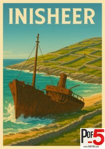 Vintage illustration of Inisheer, Ireland, featuring the rusted Plassey shipwreck on a rocky shore with turquoise waves and stone-walled fields on rolling green hills.