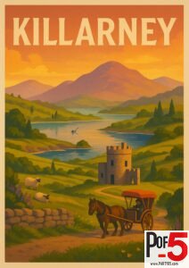 Vintage illustration of Killarney, Ireland, showing rolling green hills, lakes, a stone tower, grazing sheep, and a horse-drawn cart at sunset.