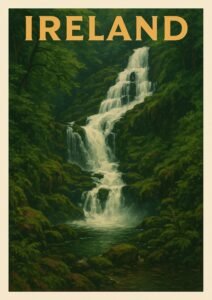 Vintage-style illustration of a tall cascading waterfall in a lush green Irish forest, surrounded by moss-covered rocks and dense foliage.