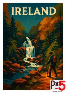 Vintage-style illustration of a hiker walking through an Irish forest toward a cascading waterfall surrounded by autumn-colored trees and rocky streams.