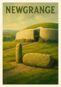 Vintage illustration of Newgrange in Ireland featuring the ancient passage tomb, spiraled entrance stones, and surrounding green landscape.
