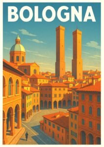 Vintage illustration of Bologna, Italy, featuring the Two Towers (Due Torri), terracotta rooftops, porticos, and historic city architecture under a clear sky.