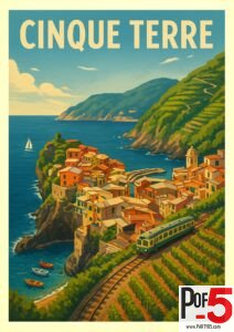 Vintage illustration of Vernazza in Cinque Terre with colorful cliffside houses, the Mediterranean Sea, terraced vineyards, and a train traveling along the coastline.