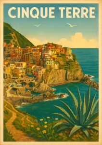 Vintage illustration of Cinque Terre showing colorful cliffside houses in Manarola overlooking the Mediterranean Sea with agave plants and rocky coastline.