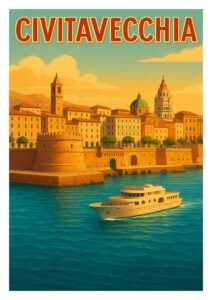Vintage illustration of Civitavecchia, Italy, showing the historic seaside fortress, waterfront buildings, and a yacht cruising through the harbor