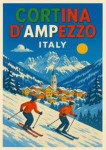 Vintage travel poster of Cortina d’Ampezzo, Italy, showing two skiers on a snowy slope with a colorful alpine village and Dolomite mountains in the background.