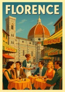 Vintage travel poster of Florence, Italy, showing people dining at outdoor cafés near the Duomo cathedral under a sunny blue sky with striped awnings and warm colors.