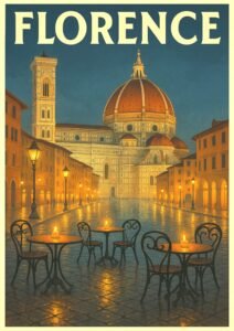 Vintage travel poster of Florence, Italy, showing the illuminated Duomo cathedral at night with candlelit café tables and glowing street lamps on cobblestone streets