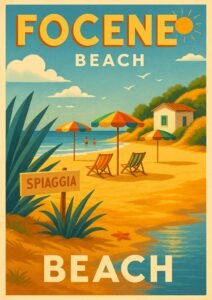 Vintage travel poster of Focene Beach, Italy, featuring colorful umbrellas, striped deck chairs, a sandy shoreline, and a small beach house under a sunny blue sky