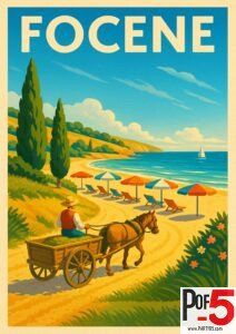 Vintage travel poster of Focene, Italy, featuring a man driving a horse-drawn cart along a coastal path with colorful beach umbrellas and the blue Mediterranean Sea