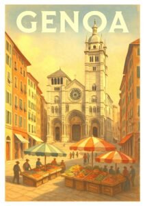 Vintage-style illustration of Genoa, Italy, featuring San Lorenzo Cathedral with colorful outdoor market stalls and umbrellas in the foreground.