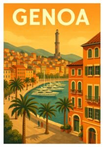 Vintage travel poster of Genoa, Italy, featuring colorful seaside buildings, palm trees, luxury yachts, and the iconic La Lanterna lighthouse under a golden sky