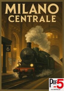 Vintage travel poster of Milano Centrale, featuring a steam locomotive departing the grand Milan Central Station under warm golden lights and architectural arches