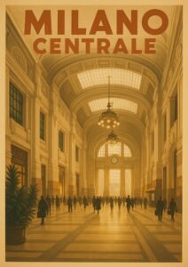 Vintage travel poster of Milano Centrale, Milan’s Central Station, featuring travelers walking through a grand arched hall with sunlight streaming through glass ceilings.
