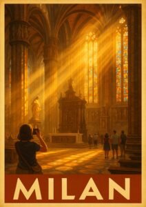 Vintage travel poster of Milan, Italy, showing the interior of the Duomo di Milano cathedral with sunlight streaming through stained glass windows and visitors admiring the architecture.