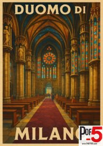 Vintage travel poster of the Duomo di Milano interior, featuring colorful stained, glass windows, Gothic arches, and visitors walking through the grand cathedral