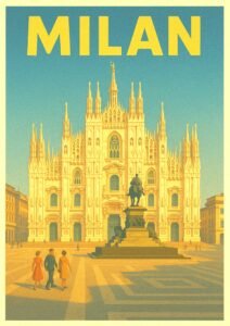 Vintage travel poster of Milan, Italy, featuring the Duomo di Milano cathedral in warm golden light with people walking across Piazza del Duomo