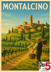 Vintage travel poster of Montalcino, Tuscany, Italy, depicting rolling vineyards, a hillside village, and a winemaker carrying grape baskets along a rustic countryside path