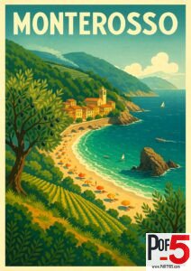 Vintage travel poster of Monterosso al Mare in Cinque Terre, Italy, showing a colorful seaside village, beach umbrellas, olive trees, vineyards, and the turquoise Ligurian Sea