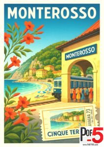 Vintage travel poster of Monterosso al Mare in Cinque Terre, Italy, showing the coastal train station, turquoise beach, colorful umbrellas, and Italian seaside village