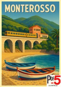 Vintage travel poster of Monterosso al Mare in Cinque Terre, Italy, featuring colorful fishing boats, turquoise water, and a yellow train crossing a seaside viaduct