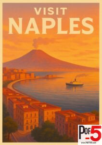 Vintage travel poster of Naples, Italy, featuring Mount Vesuvius smoking above the Bay of Naples at sunset with coastal buildings and a ship on the water.