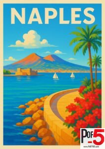 Vintage travel poster of Naples, Italy, featuring Mount Vesuvius overlooking the Bay of Naples with palm trees, sailboats, and a sunny seaside promenade.