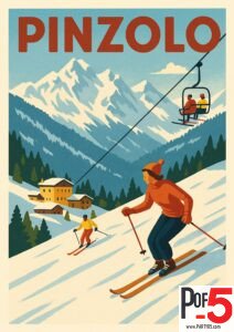 Vintage travel poster of Pinzolo, Italy, featuring skiers on the slopes with a mountain chalet and snow-covered Dolomites in a retro art style.