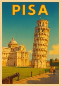 Vintage travel poster of Pisa, Italy, featuring the iconic Leaning Tower of Pisa and Pisa Cathedral under a clear blue sky in a retro art style.