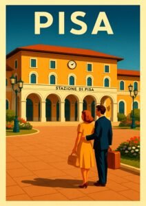 Vintage travel poster of Pisa, Italy, showing a couple standing in front of the Stazione di Pisa train station under a clear blue sky in a retro art style