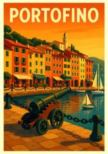 Vintage travel poster of Portofino, Italy, showing colorful seaside buildings, sailboats in the harbor, and an old cannon overlooking the Ligurian coast at sunset