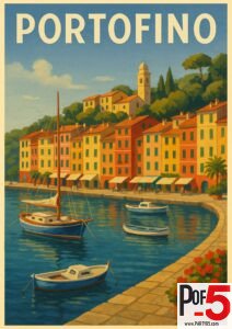 Vintage travel poster of Portofino, Italy, showing colorful harbor buildings, sailboats on calm blue water, and lush green hills under a clear sky