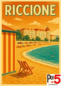 Vintage travel poster of Riccione, Italy, showing striped beach huts, umbrellas, and the historic Grand Hotel Riccione overlooking the Adriatic coast in warm sunset tones