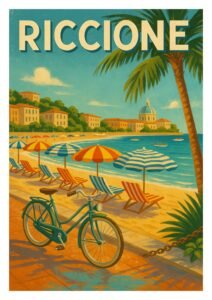 Vintage travel poster of Riccione, Italy, showing colorful umbrellas, striped beach chairs, and a turquoise bicycle along the Adriatic coast under sunny blue skies