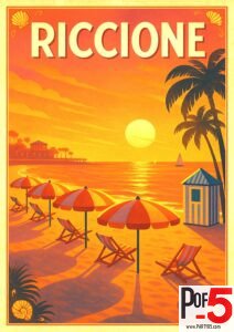 Vintage travel poster of Riccione, Italy, showing a golden beach at sunset with colorful umbrellas, striped chairs, palm trees, and a glowing sun over the Adriatic Sea