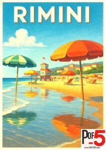 Vintage travel poster of Rimini beach, featuring colorful umbrellas, a lifeguard tower, and sunlit reflections on the water along Italy’s Adriatic coast