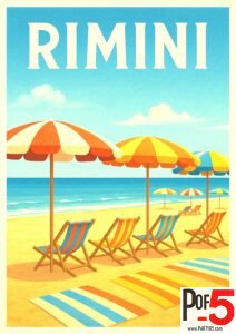 Vintage travel poster of Rimini beach in Italy with colorful umbrellas, striped deck chairs, and a bright blue sea under a sunny sky