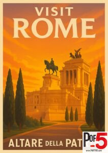 Vintage travel poster of the Altare della Patria in Rome at sunset, showing the grand monument and equestrian statue in warm golden tones