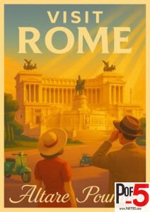 Vintage Rome travel poster of the Altare della Patria, also known as the Victor Emmanuel II Monument, with a couple admiring the landmark in warm golden light and retro Italian style