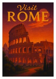 Vintage travel poster of the Colosseum in Rome at sunset, with glowing orange skies and warm light capturing the ancient monument’s grandeur