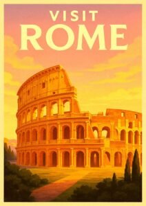 Vintage Rome travel poster featuring the Colosseum bathed in golden sunlight under a pink sky, celebrating ancient Roman architecture and Italian heritage