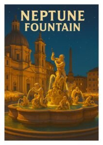 Vintage Rome travel poster of the Neptune Fountain at Piazza Navona, illuminated at night with glowing lights, Baroque statues, and Italian architecture under a starlit sky