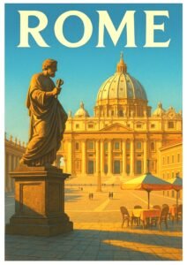 Vintage Rome travel poster featuring St. Peter’s Basilica and a statue in Vatican City, bathed in warm morning light with café tables in the foreground