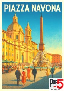 Vintage poster of Piazza Navona in Rome, featuring elegant figures walking near the Fountain of the Four Rivers and Baroque architecture bathed in golden sunlight