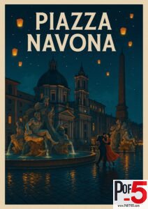 Vintage travel poster of Piazza Navona in Rome at night, featuring illuminated fountains, floating lanterns, and a couple dancing under the stars