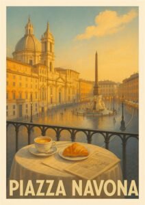 Vintage poster of Piazza Navona in Rome viewed from a café balcony with a cup of coffee, croissant, and newspaper overlooking the Baroque fountain and Sant’Agnese in Agone church at sunrise
